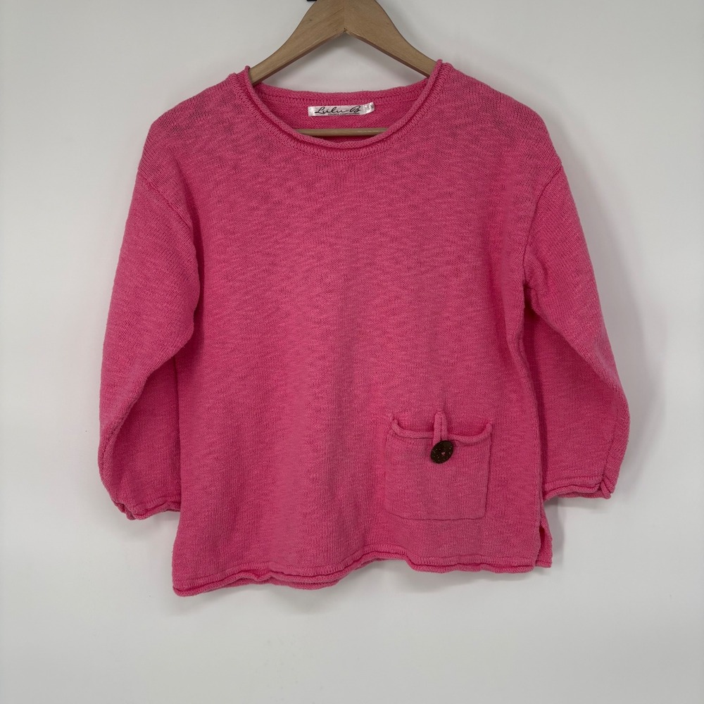 Lulu-B Roll Neck Cotton Slub Knit Pocket Sweater S/M 3/4 Pink Button Resort‎